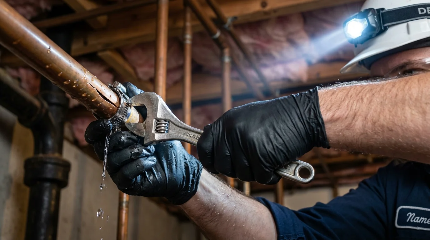 Emergency pipe clamp repair being performed by a Johns Plumbing LLC plumber in Camden